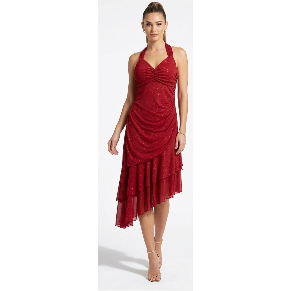My Michelle Red Glitter Halter Dress Asymmetric Ruffle Hem Y2K Prom Medium